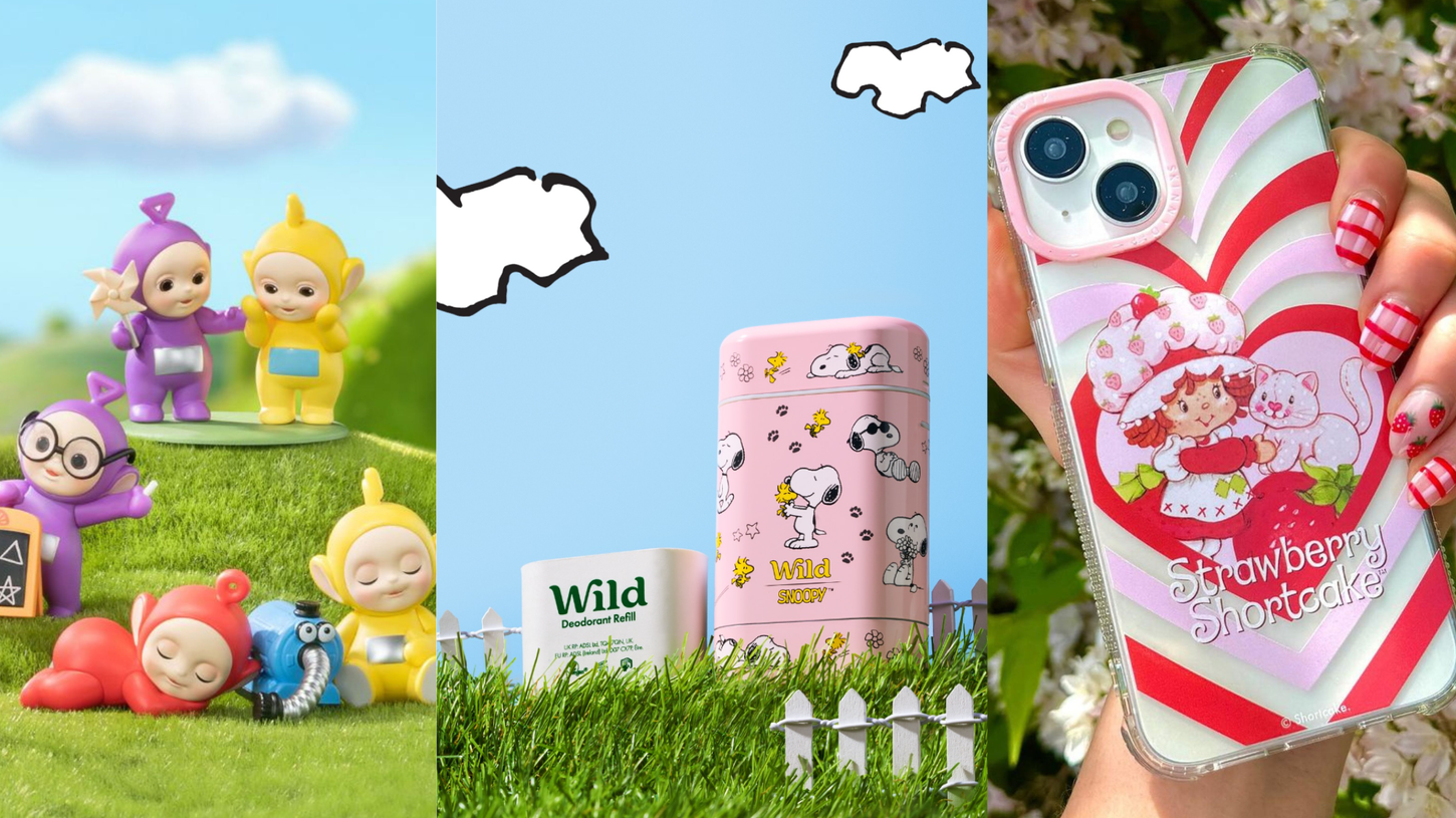 collage of Teletubbies toys, boy in a Teenage Mutant Ninja Turtles shirt, and a Strawberry Shortcake phone case