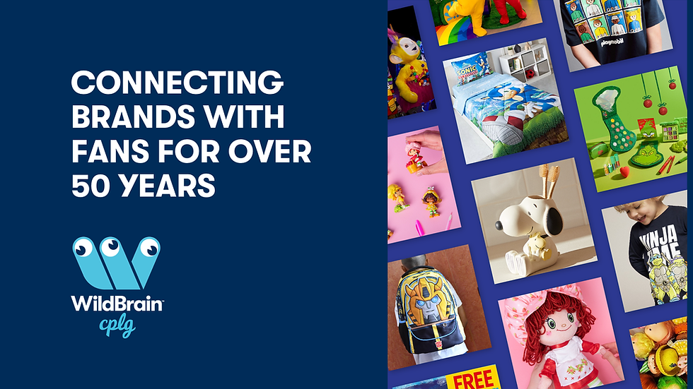 grid of branded merchandise with text "Connecting Brands with Fans for over 50 years"