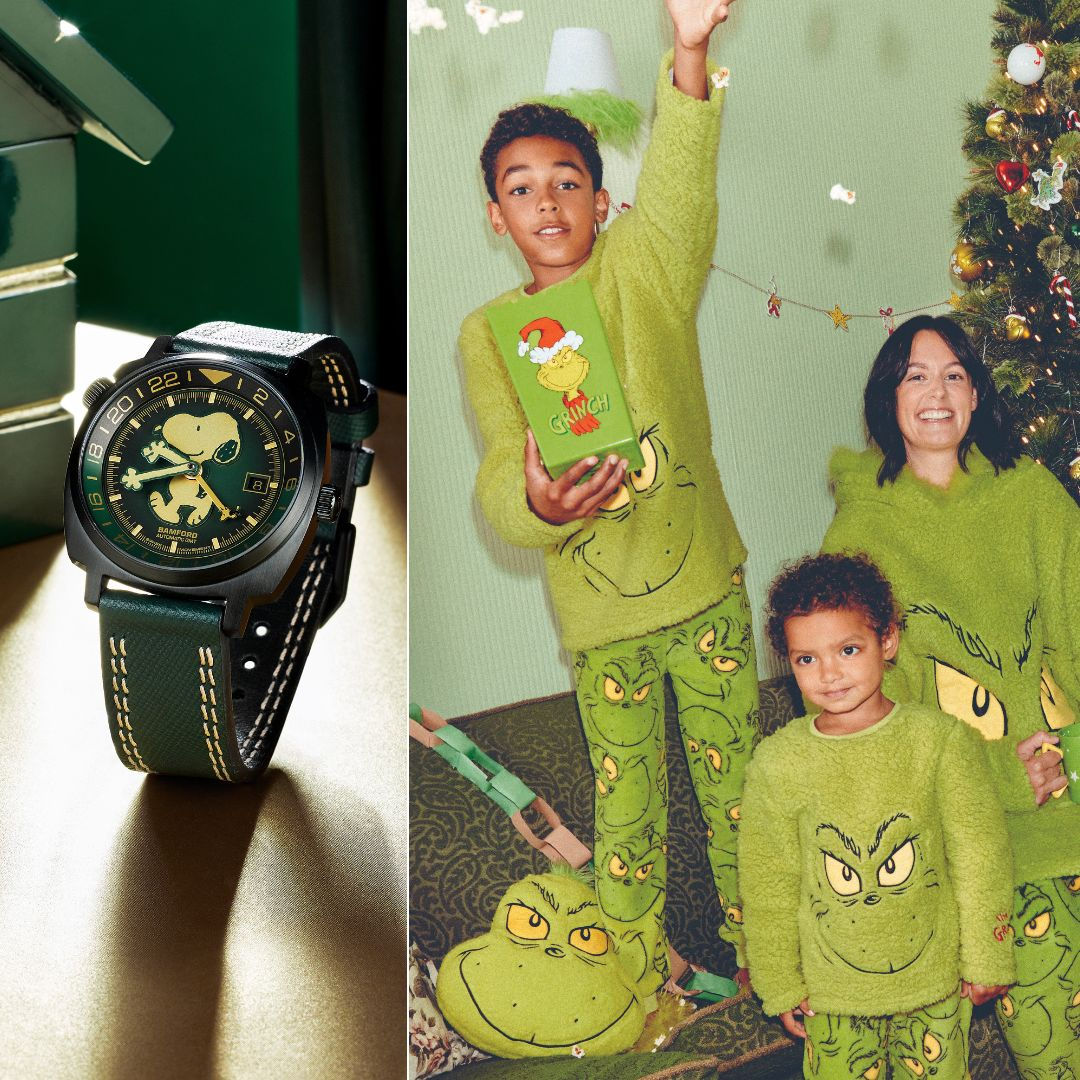 collage of Snoopy watch and a family in Grinch sweaters in front of the Christmas tree