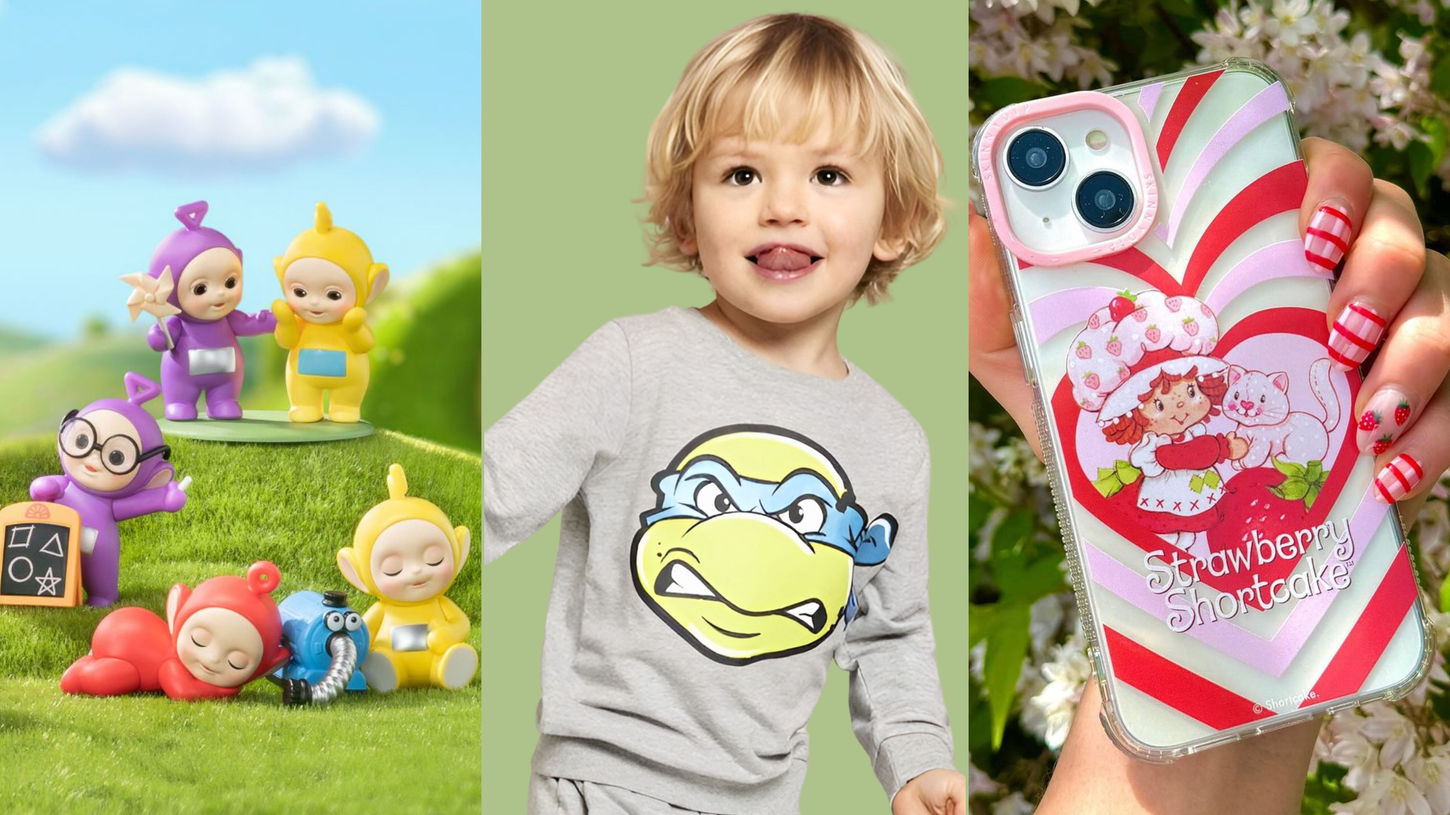 collage of Teletubbies toys, boy in a Teenage Mutant Ninja Turtles shirt, and a Strawberry Shortcake phone case