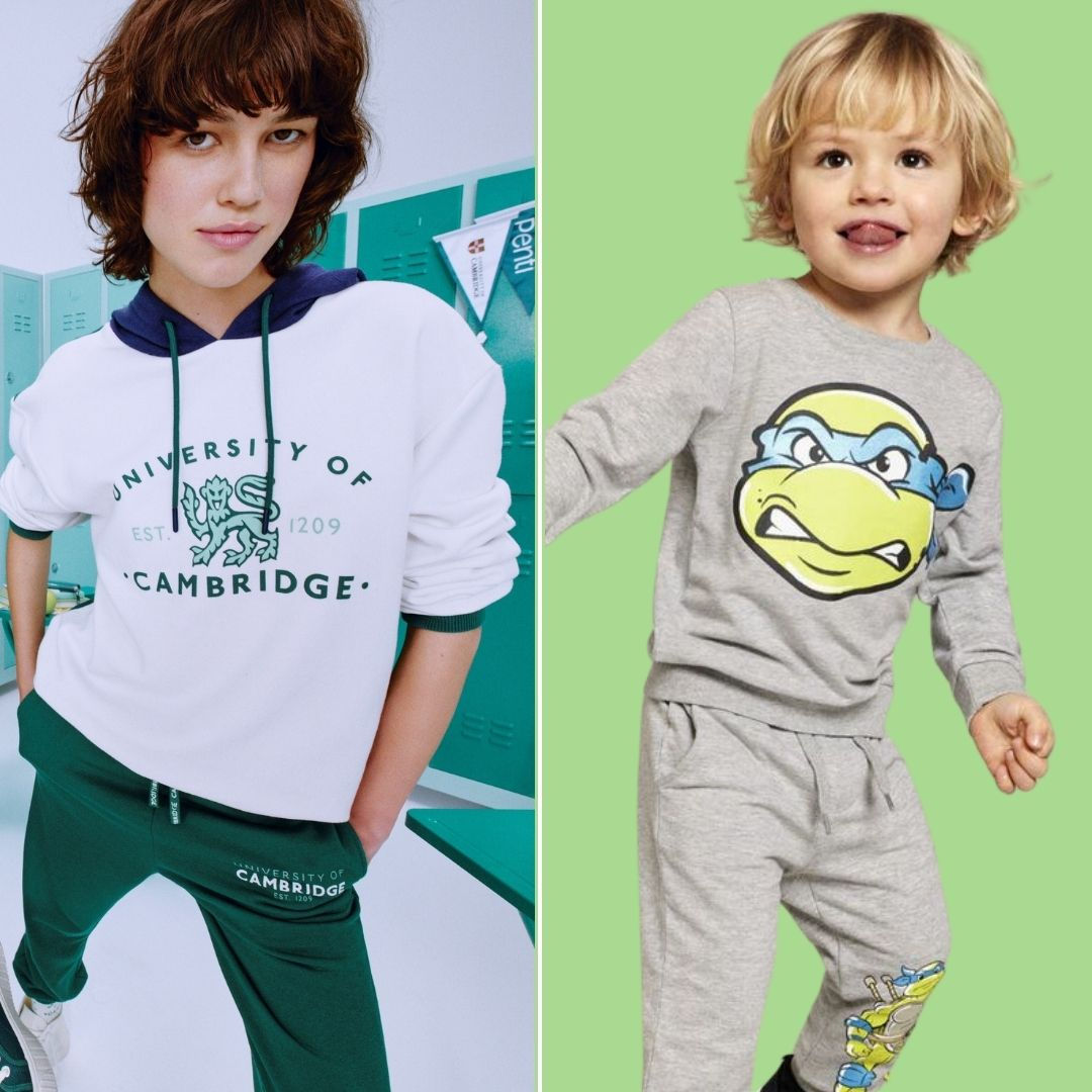 collage of a woman in a University of Cambridge hoodie and a boy in a Teenage Mutant Ninja Turtles sweatsuit
