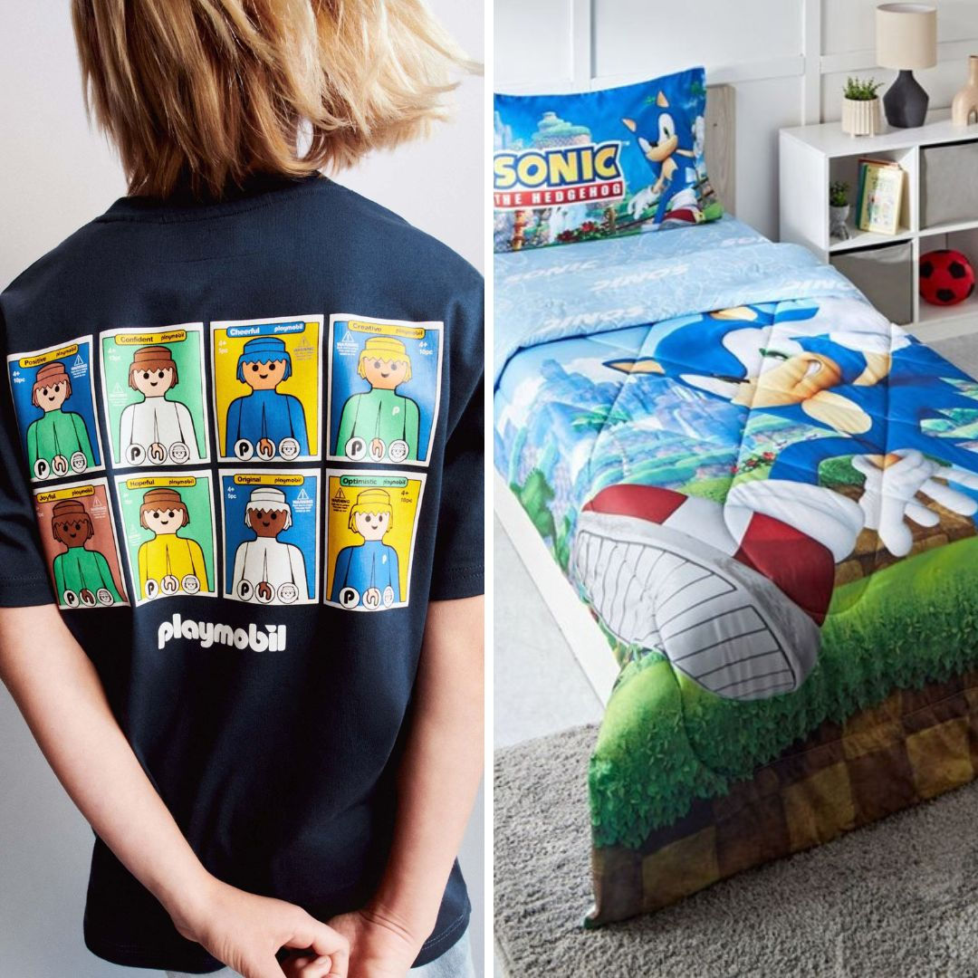 collage of boy in PlayMobil t-shirt, a Sonic the Hedgehog bed spread