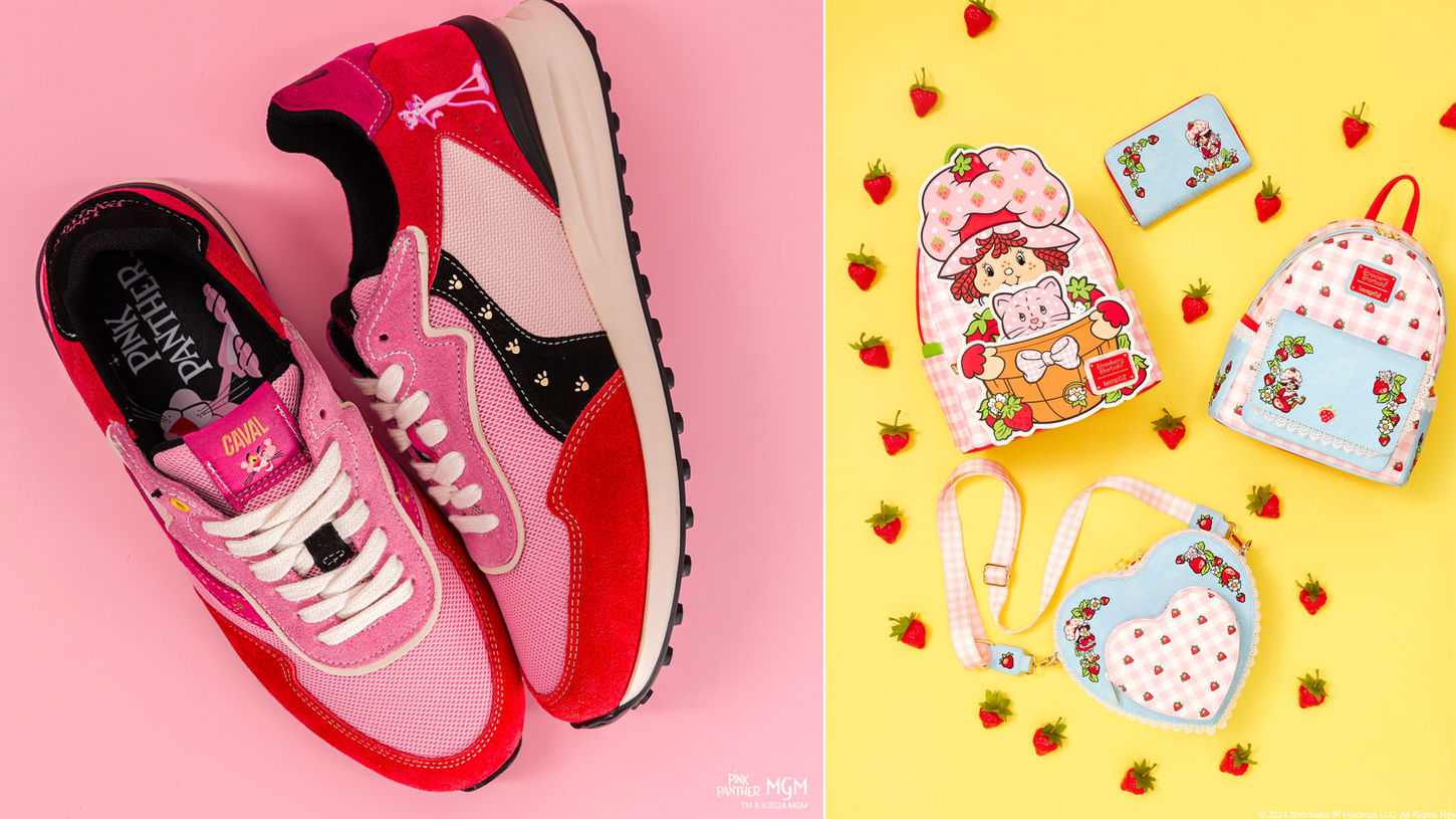 pink and red Pink Panther running shoes and Strawberry Shortcake backpacks