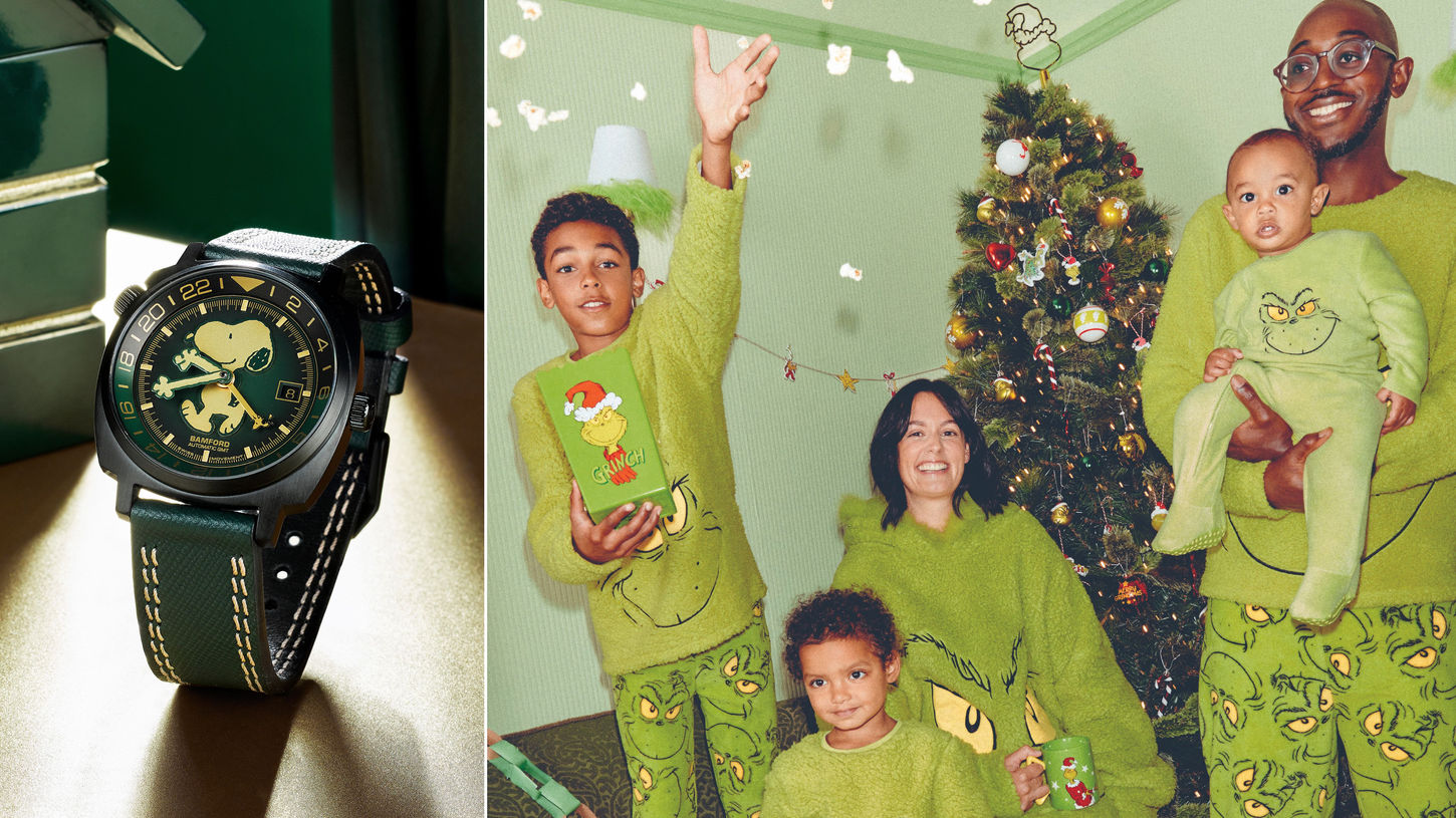 collage of Snoopy watch and a family in Grinch sweaters in front of the Christmas tree