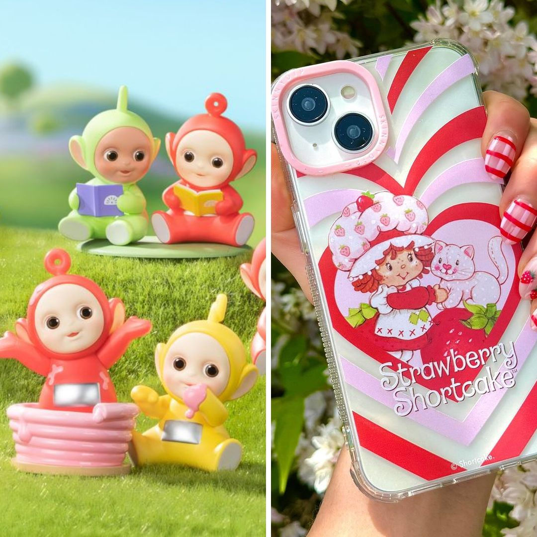 collage of Teletubbies toys,  and a Strawberry Shortcake phone case