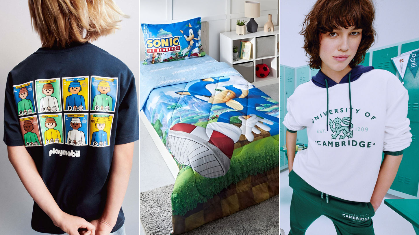 collage of boy in PlayMobil t-shirt, a Sonic the Hedgehog bed spread and a woman in a University of Cambridge hoodie